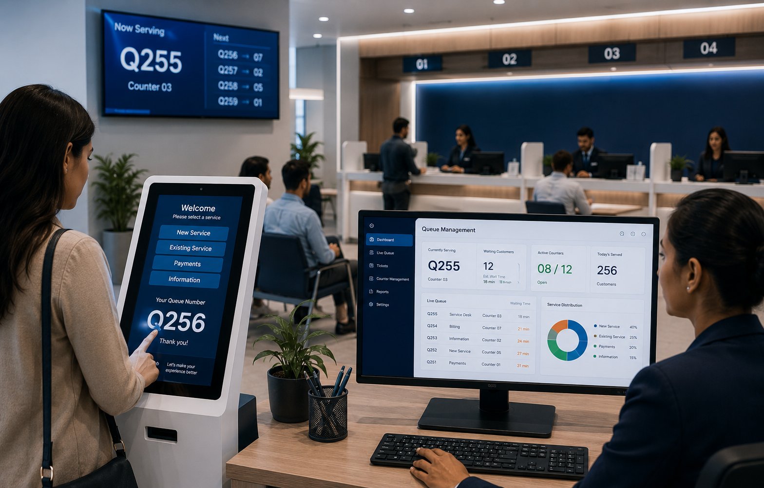 Queue kiosk and dashboard